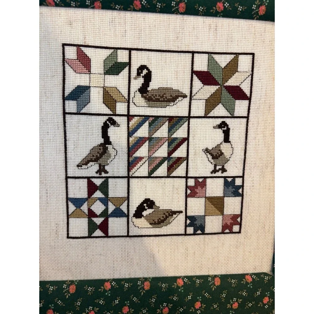 Country Cottagecore Cross Stitch Quilt Sampler Geese signed Framed wall art vtg